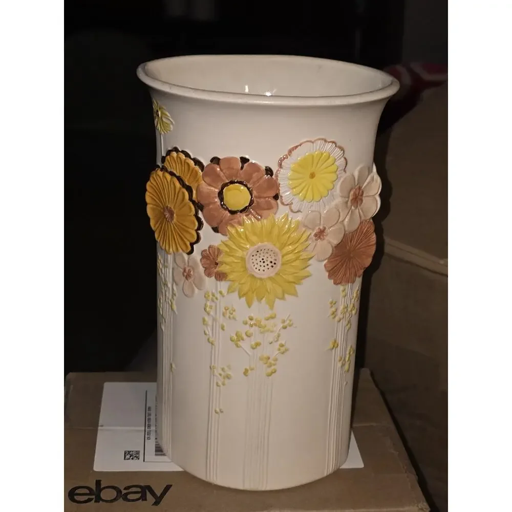 Vintage Kaiser W Germany Bisque Floral Relief Vase Hand Painted MCM Boho